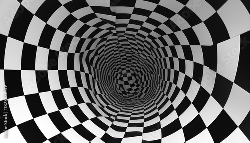 Black and white checkered pattern creating an optical illusion of a tunnel.