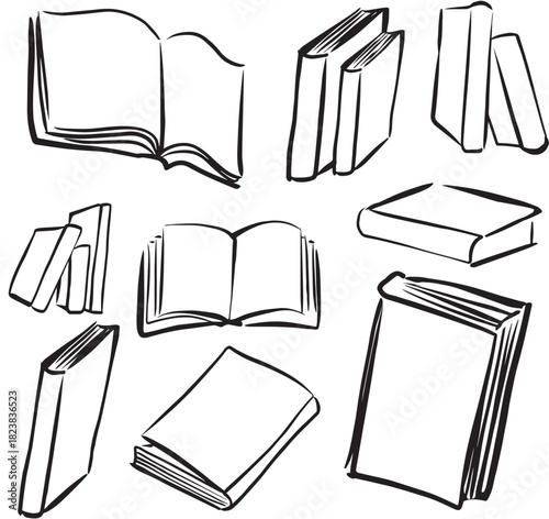 Set of book illustration doodles. Collection of hand drawn reading clipart.