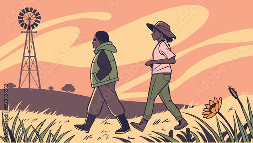 Two children walking through a field towards a windmill at sunset