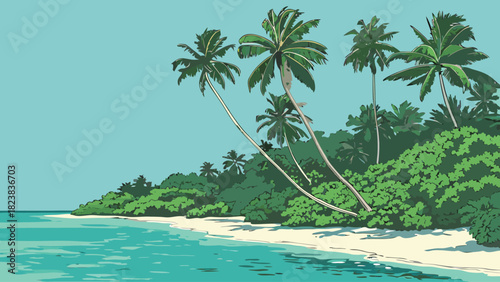 Tropical island paradise with white sand beach and palm trees