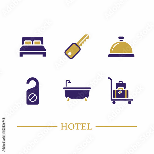 A clean set of hotel service icons featuring a bed, key, bell, door hanger, bathtub, and luggage cart, representing essential amenities for comfortable guest stays.