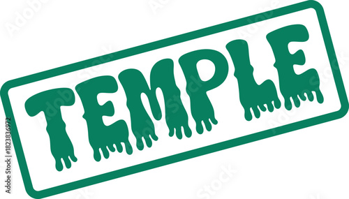 Vivid Green Temple Word Stamp with Distinctive Dripping Ink Effect and Grungy Textured Border