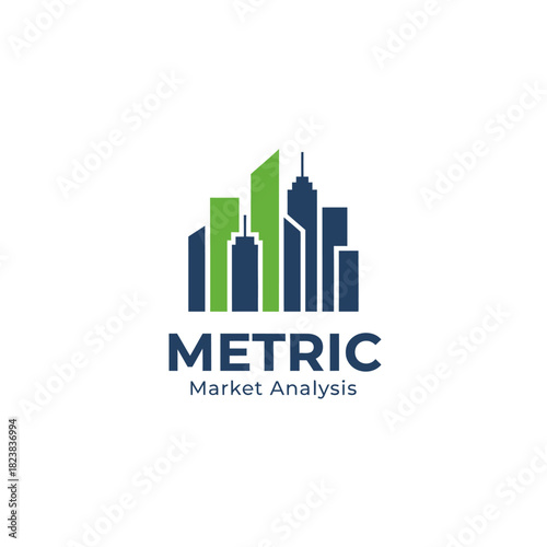 A modern market analysis logo featuring stylized skyscrapers in green and blue, symbolizing growth, data insight, and professional business evaluation services.