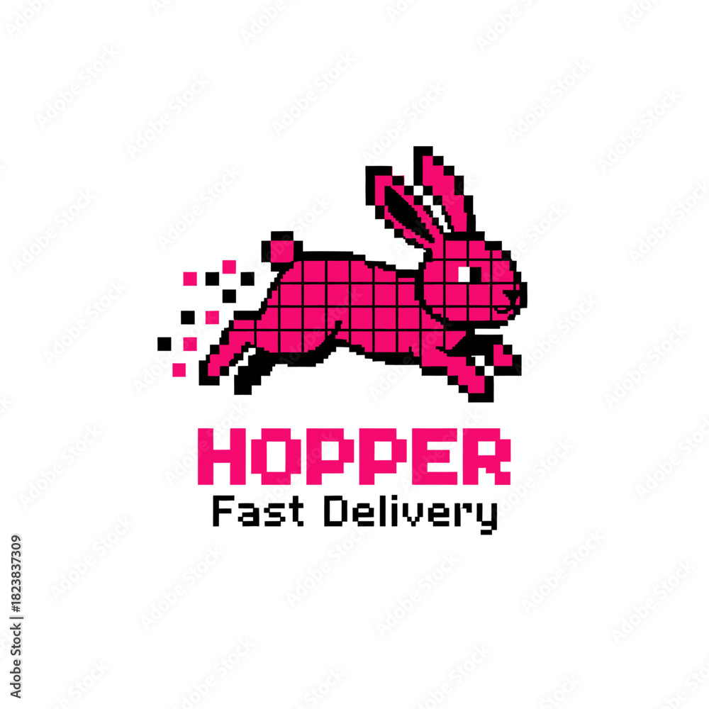 Fototapeta premium A vibrant pixel-style logo featuring a fast-running pink rabbit, symbolizing speed and efficiency for a modern delivery service brand.