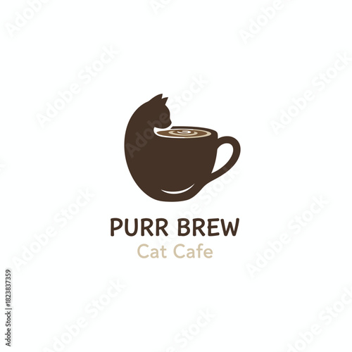 A cozy cat-themed café logo featuring a mug shaped like a cat, blending warmth, comfort, and coffee culture for a charming and friendly brand identity.