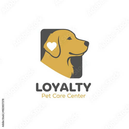 A warm and friendly dog logo featuring a heart-shaped detail, symbolizing care, trust, and compassion for pets in a professional pet care center.