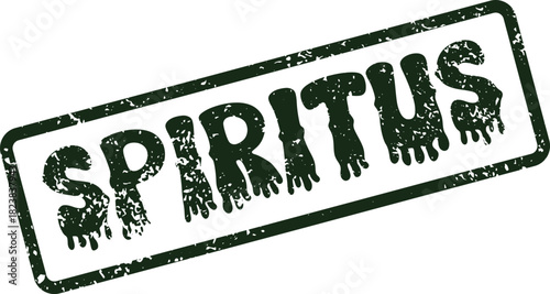 Grungy dark green rubber stamp impression of the Latin word SPIRITUS in a rectangular frame