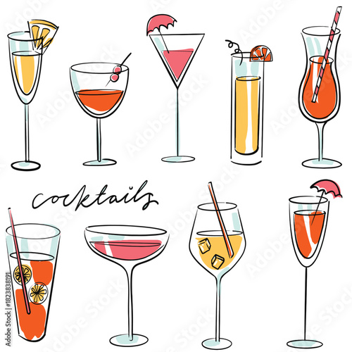 Fun cocktail illustrations. Set of drinks doodles.