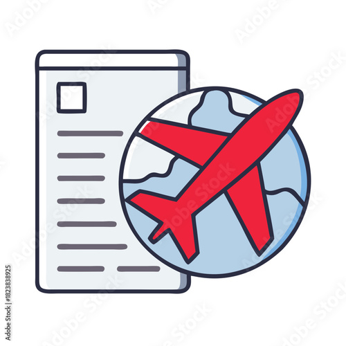 Red airplane icon over world map with travel document design  
