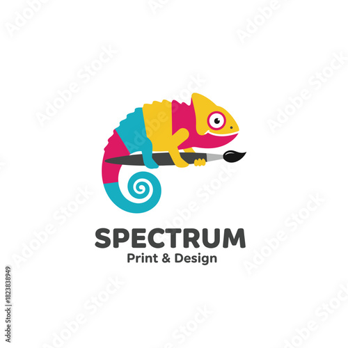 A colorful chameleon perched on a paintbrush, symbolizing creativity, adaptability, and vibrant design for a modern print and design brand identity.