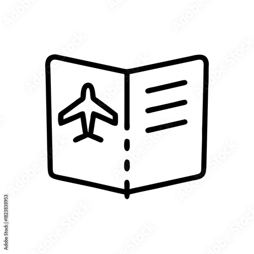 Airplane icon on open travel guidebook for tourism planning  