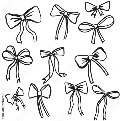 Cute bow illustrations. Set of hand drawn doodles 