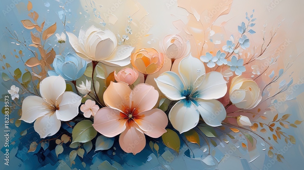 Naklejka premium Soft, ethereal floral oil painting. White, pink, blue, orange blossoms with green and brown foliage. Dreamy blue, white, and pink background. Visible brushstrokes create movement. Wallart.