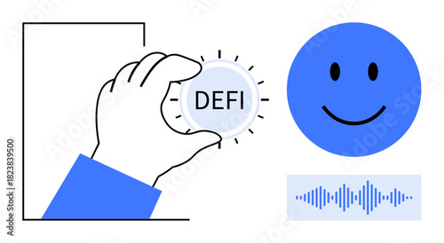 Decentralized finance. Hand holding DeFi button alongside a happy face and sound wave symbol. Decentralized finance innovative financial systems and blockchain. Suitable for fintech, apps