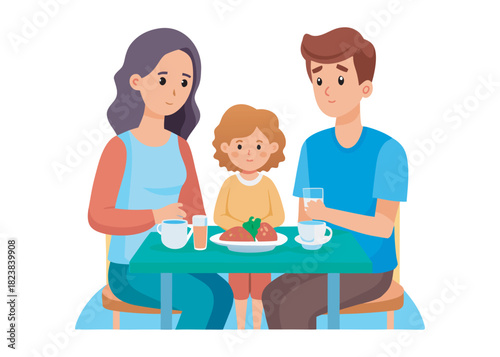 Family of three sits at dinner table without speaking, showing quiet tension, concept of emotional distance, or lack of connection, flat vector illustration logo creative icon on white background.