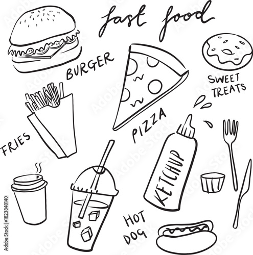 Fast food doodles, with hand drawn text. Junk food illustrations