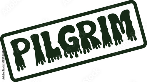 Distinctive green weathered rubber stamp displaying the historic word PILGRIM on a clean white surface