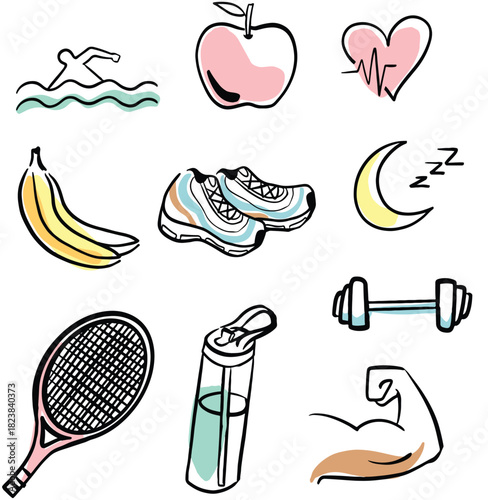 Hand drawn fitness doodles, healthy living illustrations