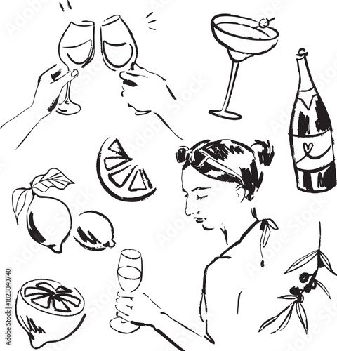 Trendy hand drawn, illustrated food and drink doodles. Black and white illustrations.