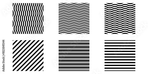 set of six seamless black-and-white stripe patterns: wavy, chevron, and straight lines