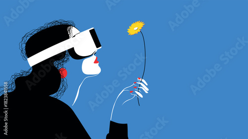 Modern vector banner of a woman wearing a VR headset holding a yellow flower, symbolizing the connection between technology and nature. Minimal colorful illustration for futuristic concepts