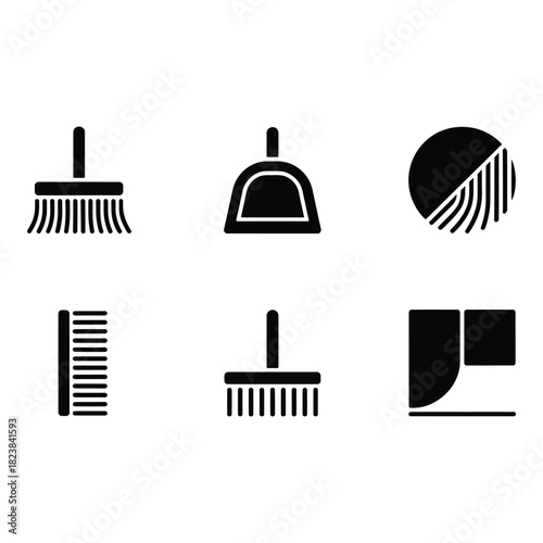 Set of six black cleaning tool icons on a light background
