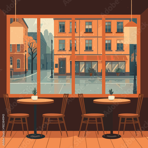 Cozy Cafe Interior with City View and Warm Lighting.