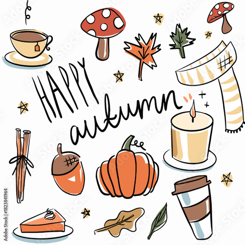 Happy autumn clipart, simple illustrated doodles. Autumn colours.