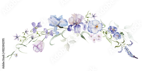 Fotografie Watercolor floral bouquet clipart in vintage rustic style, colored purple pink violet garden illustration
