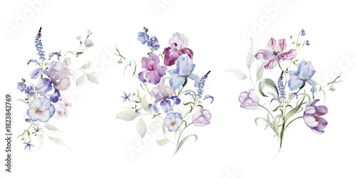 Watercolor floral bouquets clipart in vintage rustic style, colored purple pink violet garden illustration. Hand painting print - abstract flowers, leaves, plants. Design texture, textile, wallpaper.