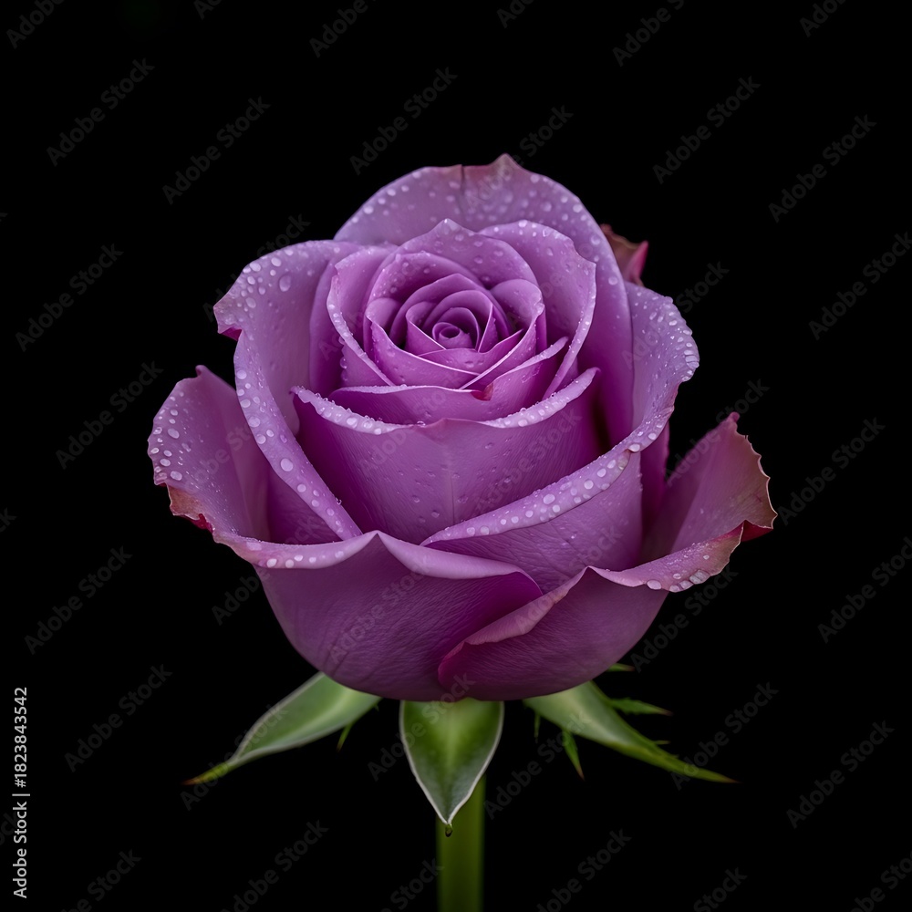 Fototapeta premium Elegant Purple Rose with Water Droplets on Black Background.