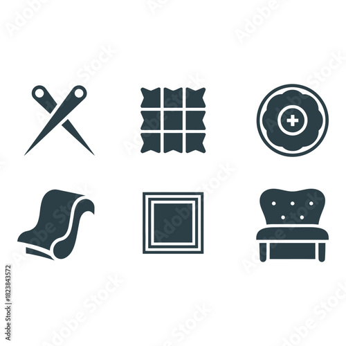 Set of six icons representing sewing furniture and home decor