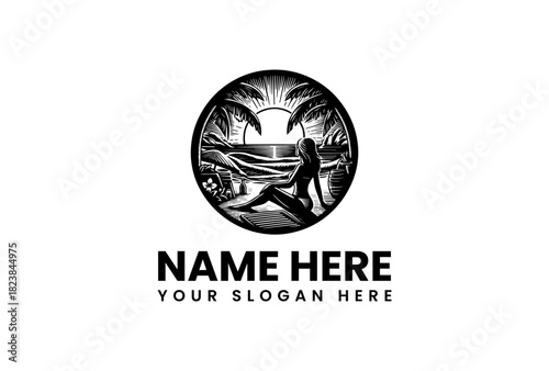 Monochrome tropical beach scene vector logo illustration featuring a relaxing woman by the ocean under palm trees, perfect for summer travel and leisure branding