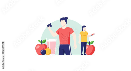 Healthy lifestyle promotion with active young adults, vibrant fruit and juice, ideal for wellness campaigns and nutrition education, modern design element