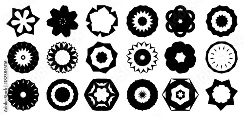 Abstract circular geometric vector shapes collection with radial symmetry, ornamental, and floral design elements