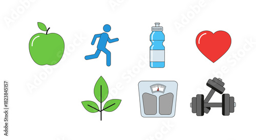 Inspiring wellness lifestyle choices with vibrant icons of fitness, nutritious eating, healthy hydration, and joyful exercise for a balanced life