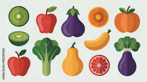 Collection of colorful fruit and vegetable icons flat vector design elements for healthy eating concepts isolated on white background
