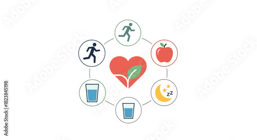 Heart health benefits include balanced diet, sleep, hydration, and fitness for wellness routine, originally a scalable vector graphic