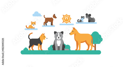 Playful cartoon dogs and puppy illustrations create a cheerful, engaging scene, perfect for children's products and family-friendly designs with heartwarming appeal