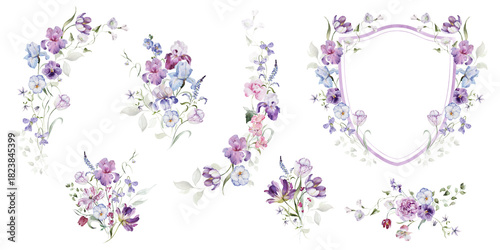 Fotografie Watercolor floral clipart set in vintage rustic style, colored purple pink violet bouquet frame border