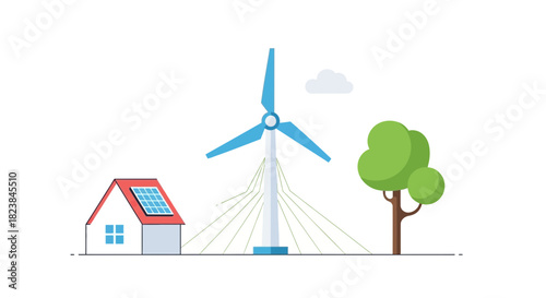 Sustainable living with wind turbine and solar panels powers home, symbolizing clean energy and eco friendly lifestyle, originally a scalable vector graphic