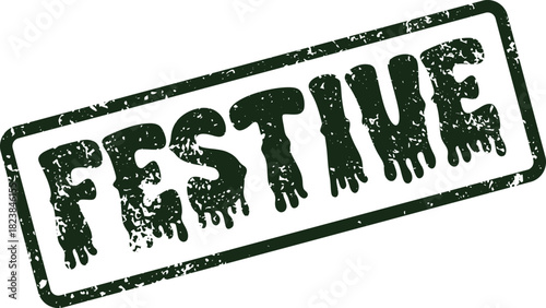 Distressed Festive word stamp with textured dark green lettering and border