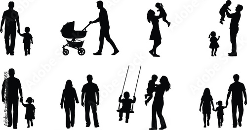 Family interaction silhouette set, adult and child, stroller, swing, walking, holding hands, black on white, parenting icon
