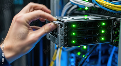 Configuring edge computing hardware for enhanced data processing at server rack, with human hand adding server modules. Edge computing empowers organizations to improve performance and security,