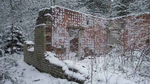 redbrick wall ruins in snowy woodland, exposed masonry and weathered mortar, leafless shrubs under fresh snow,