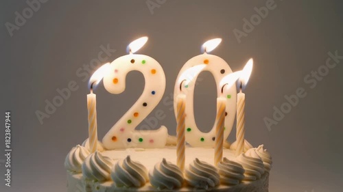 Celebrating a Milestone - A 20th Birthday Cake with Lit Candles.