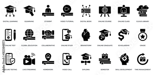 Digital Learning icon set. Containing e-learning, digital book, online test, global education, scholarship, grade, semester icons. Outline style