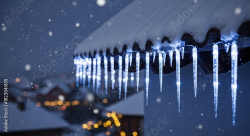 Icicles hanging from a snowcovered roof with blue lights at night