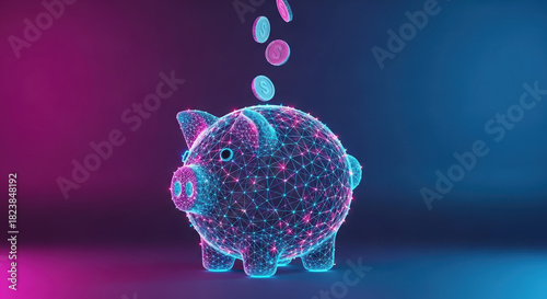 Blockchain concept visualized by piggy bank with coins falling, signifying secure financial technology. Blockchain technology ensures data security, represented by piggy bank as savings metaphor.