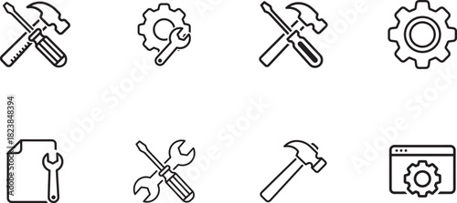 Set of tool and setting line icons, isolated on